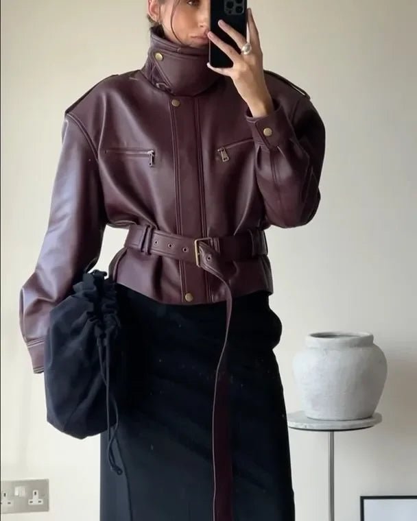 Delia - Women's Relaxed Biker Jacket with Zip Front and Tie Belt
