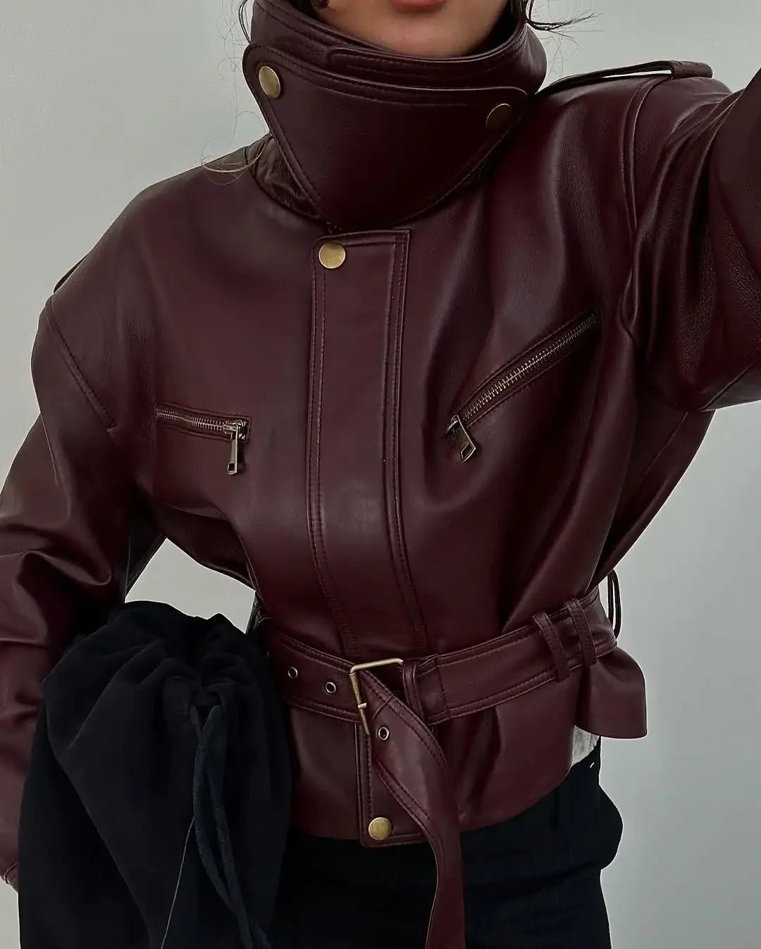 Delia - Women's Relaxed Biker Jacket with Zip Front and Tie Belt