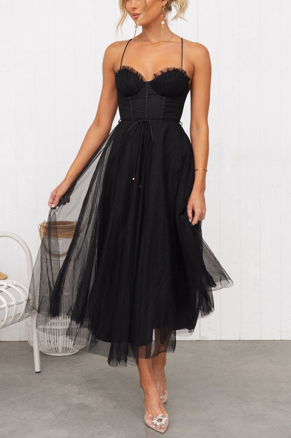 Women's Tulle Midi Dress with Spaghetti Straps