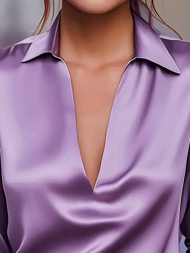 Women's V Neck Blouse with Satin Finish and Flowing Drape