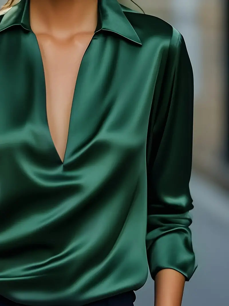 Women's V Neck Blouse with Satin Finish and Flowing Drape