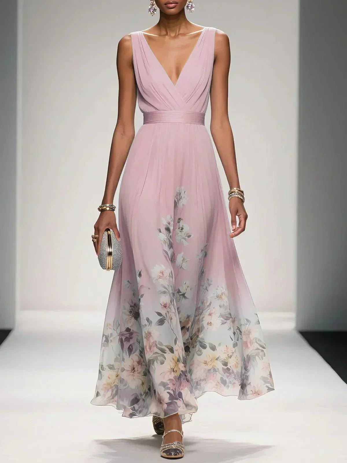 Floral Midi Dress with Deep V Neckline for Women - photo 5