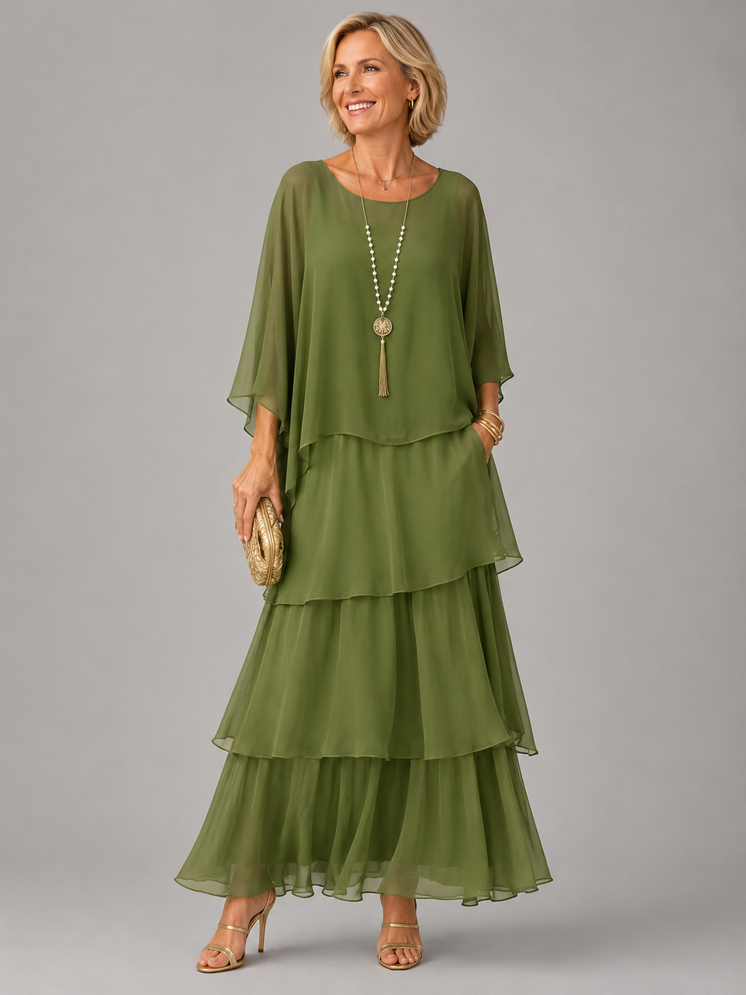 Women's Chiffon Tiered Maxi Dress with Cape Sleeves