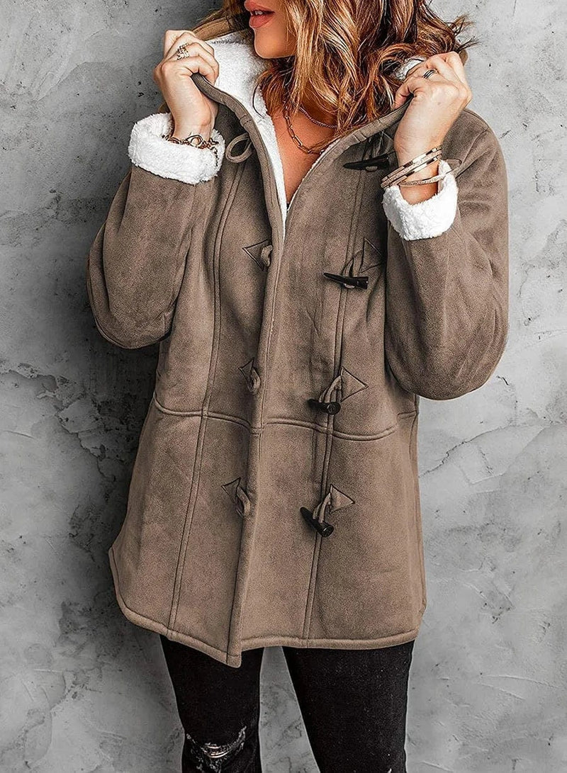 Cappotto da donna con cappuccio in materiale felpato simile al cashmere