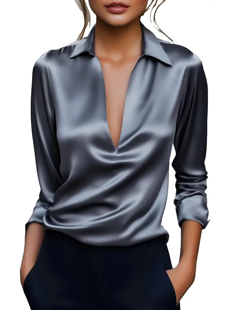 Women's V Neck Blouse with Satin Finish and Flowing Drape