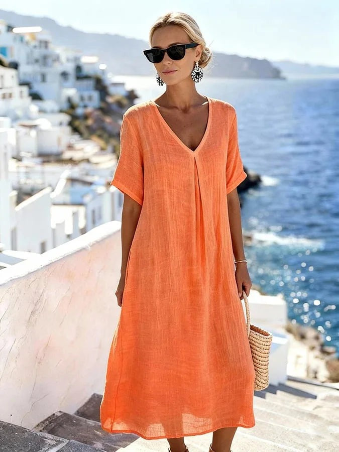 Claudia - Women's Flowing Midi Dress with Short Sleeves