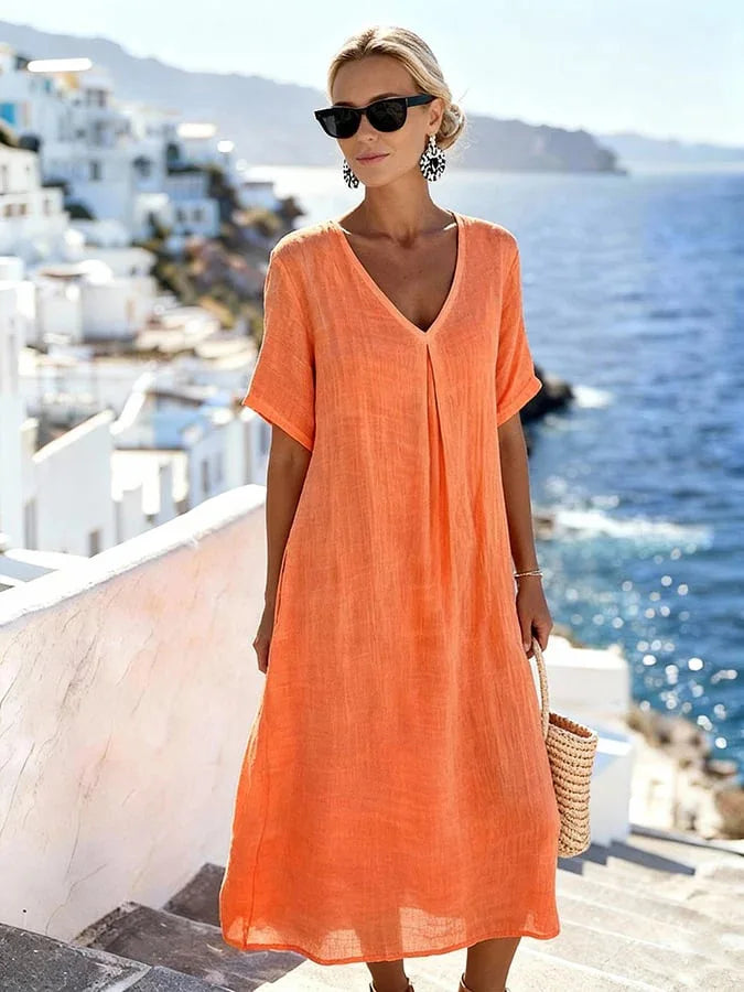 Claudia - Women's Flowing Midi Dress with Short Sleeves