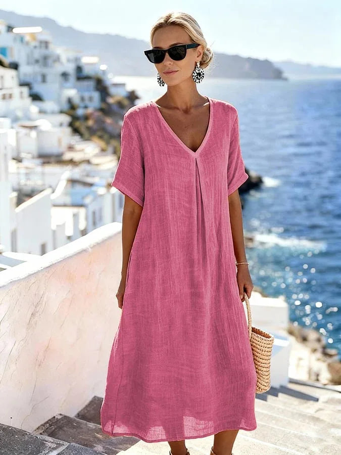 Claudia - Women's Flowing Midi Dress with Short Sleeves