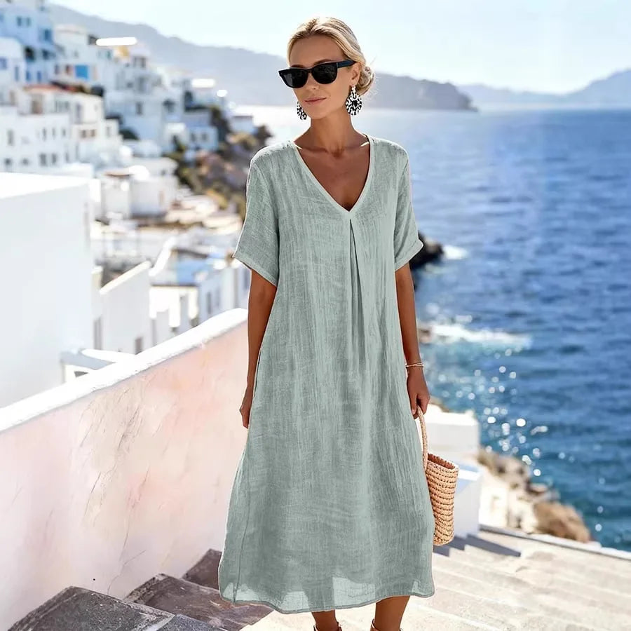 Claudia - Women's Flowing Midi Dress with Short Sleeves