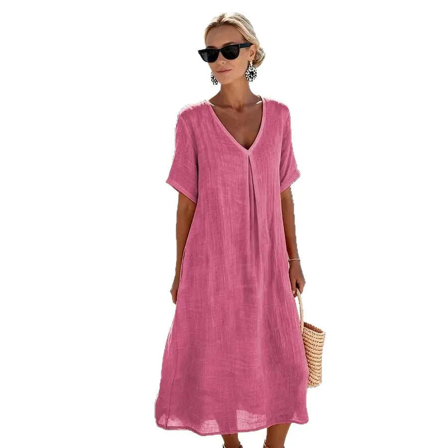 Claudia - Women's Flowing Midi Dress with Short Sleeves