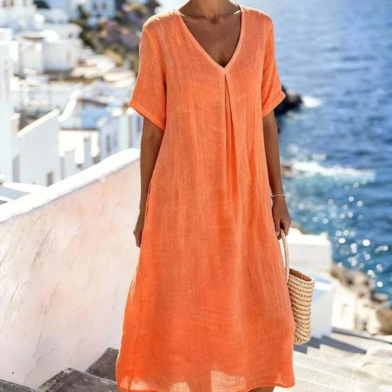 Claudia - Women's Flowing Midi Dress with Short Sleeves