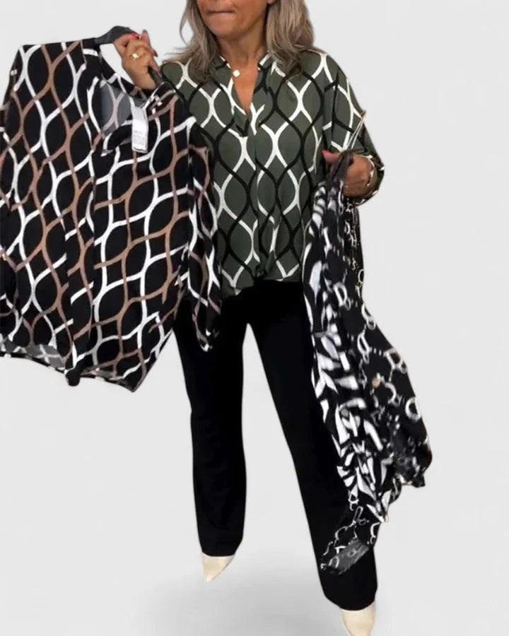Janne - Women's V-Neck Blouse with Roll-Tab Sleeves