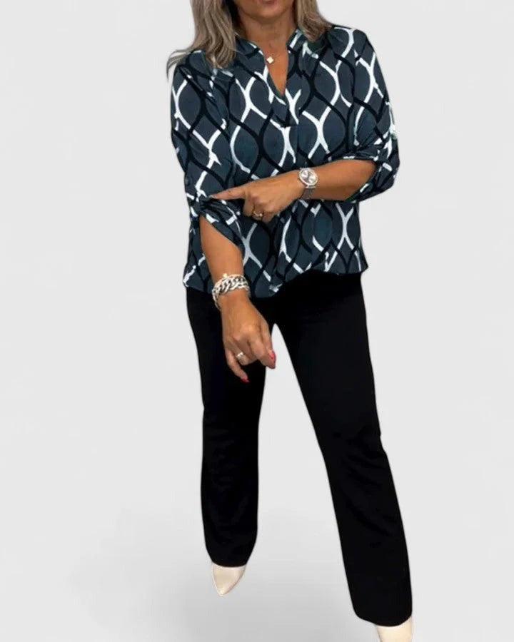 Janne - Women's V-Neck Blouse with Roll-Tab Sleeves
