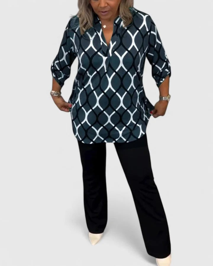 Erica - Women's V-Neck Blouse with Roll-Tab Sleeves