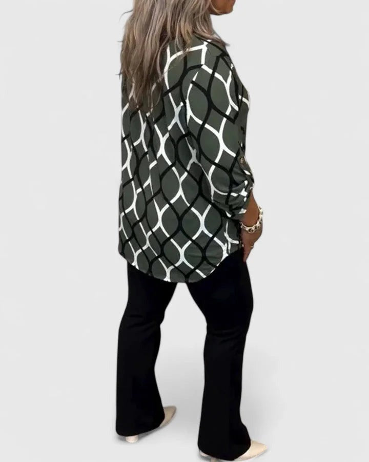 Erica - Women's V-Neck Blouse with Roll-Tab Sleeves