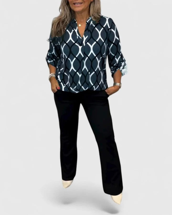 Erica - Women's V-Neck Blouse with Roll-Tab Sleeves
