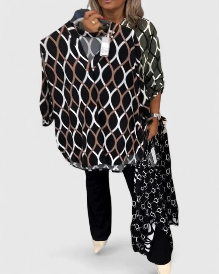 Erica - Women's V-Neck Blouse with Roll-Tab Sleeves