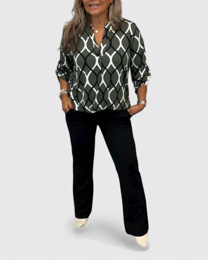 Erica - Women's V-Neck Blouse with Roll-Tab Sleeves