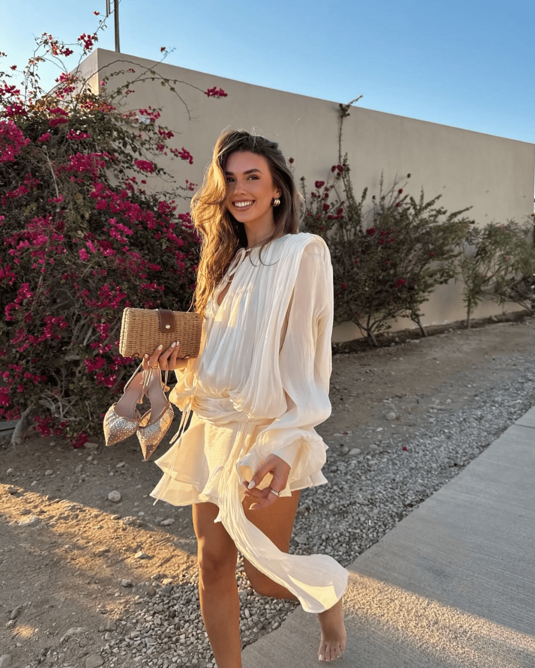 Elouise - Women's Relaxed Mini Dress with Pleats and Ruffle Trim in Cream