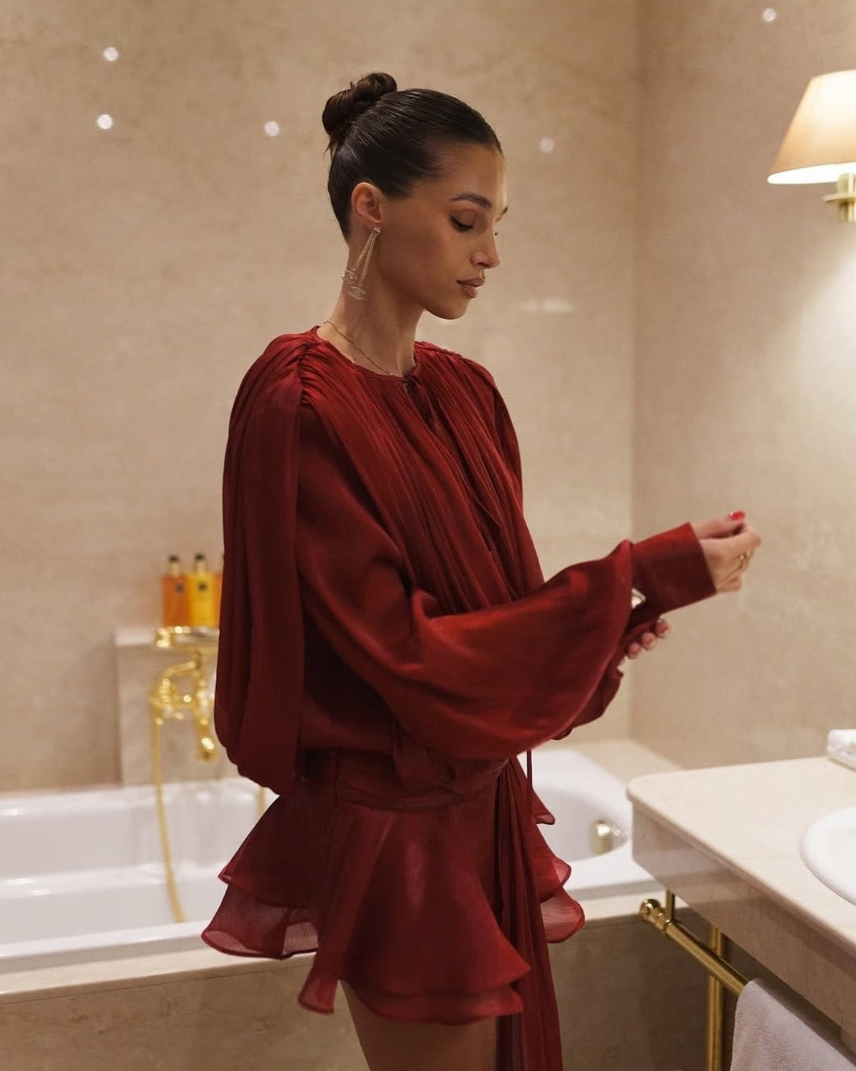 Elouise - Women's Relaxed Mini Dress with Pleats and Ruffle Trim in Burgundy