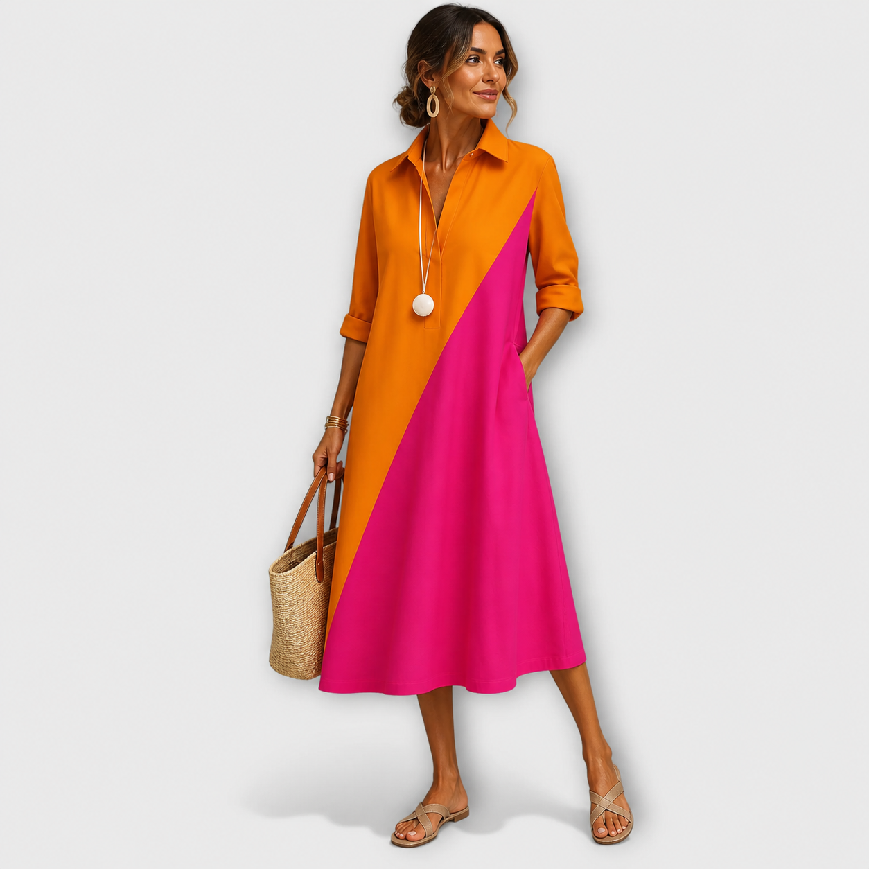 Corinne - Women's Midi Dress with a Colour Block Shirt Collar