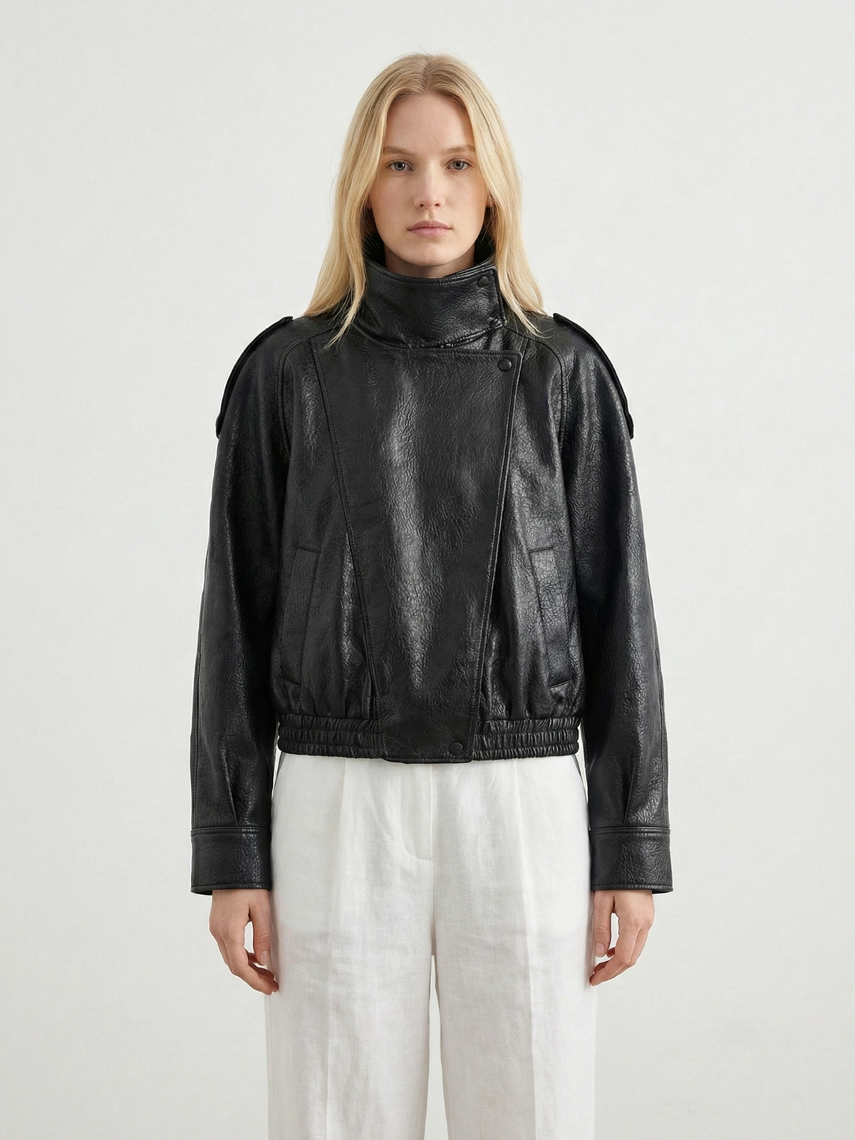 Elsa - Women's Oversized Structured High-neck Faux Leather Jacket - photo 2
