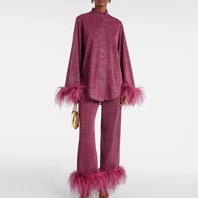Shiny Women's Matching set with feather-trim sleeves and hem - photo 1