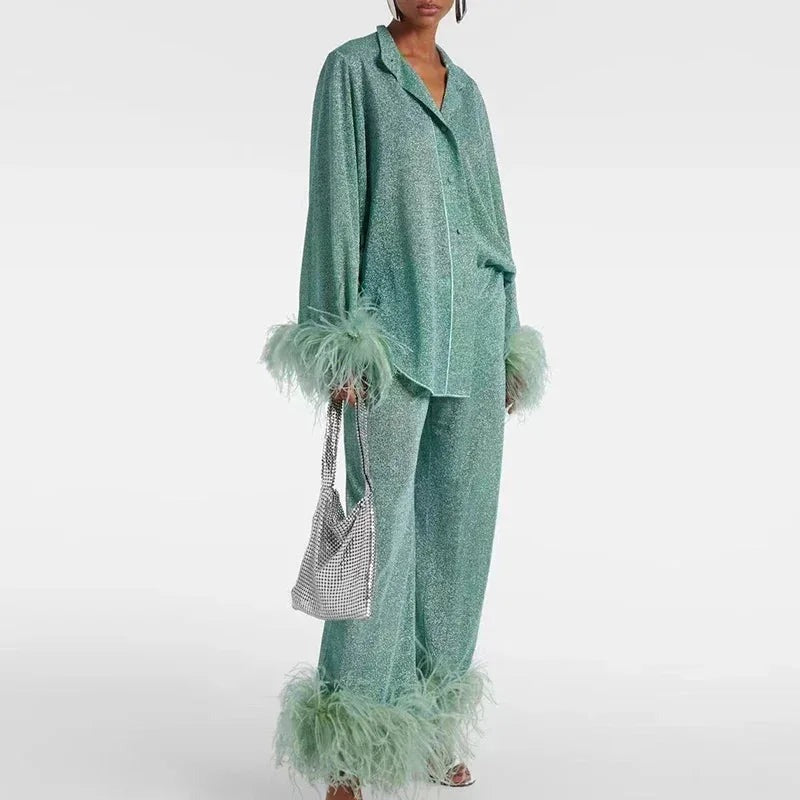 Shiny Women's Matching set with feather-trim sleeves and hem - photo 2