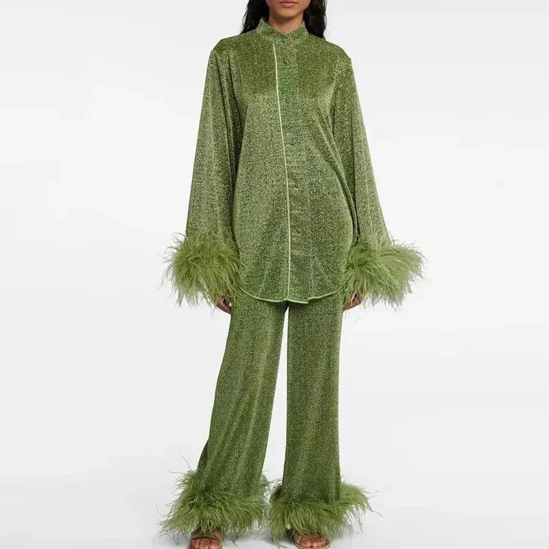 Shiny Women's Matching set with feather-trim sleeves and hem - photo 3