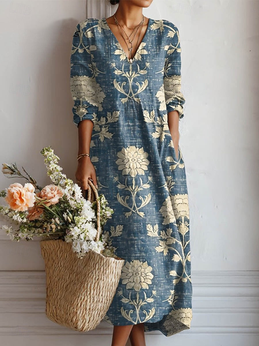 Eviana - Women's Boho Linen Floral V-Neck Midi Dress with Pockets