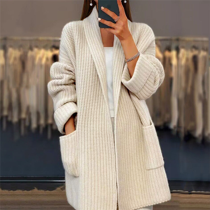 Fabienne - Women's Knitted Cardigan with Side Pockets in Cream