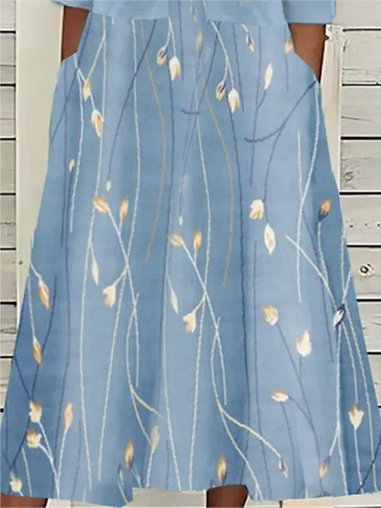 Mia - Women's Floral Cotton Blend Midi Dress with Pockets