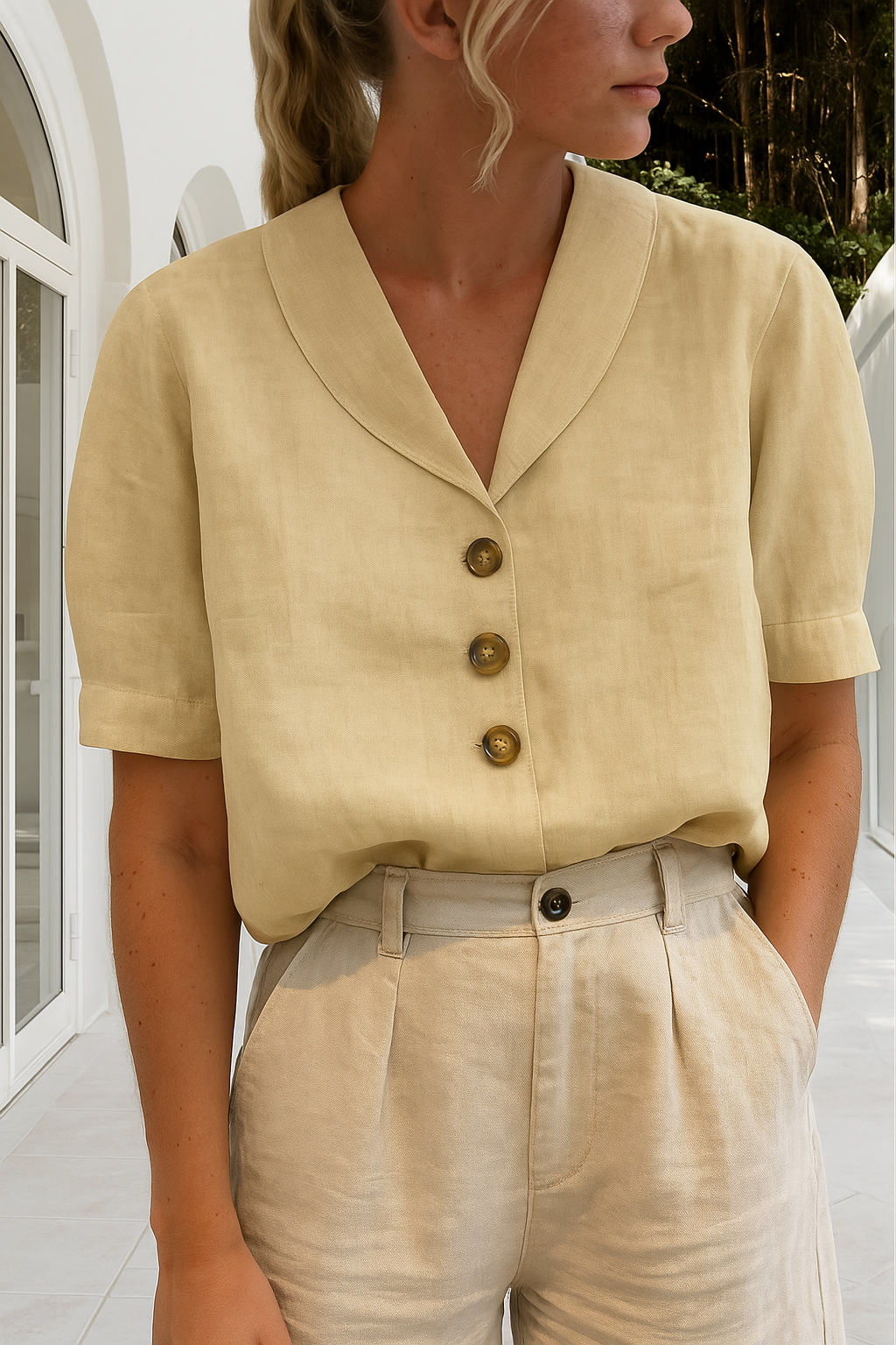 Fanchon - Women's Relaxed Blouse with Button Front and V-Neck - photo 2