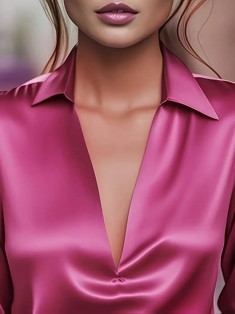 Women's V Neck Blouse with Satin Finish and Flowing Drape