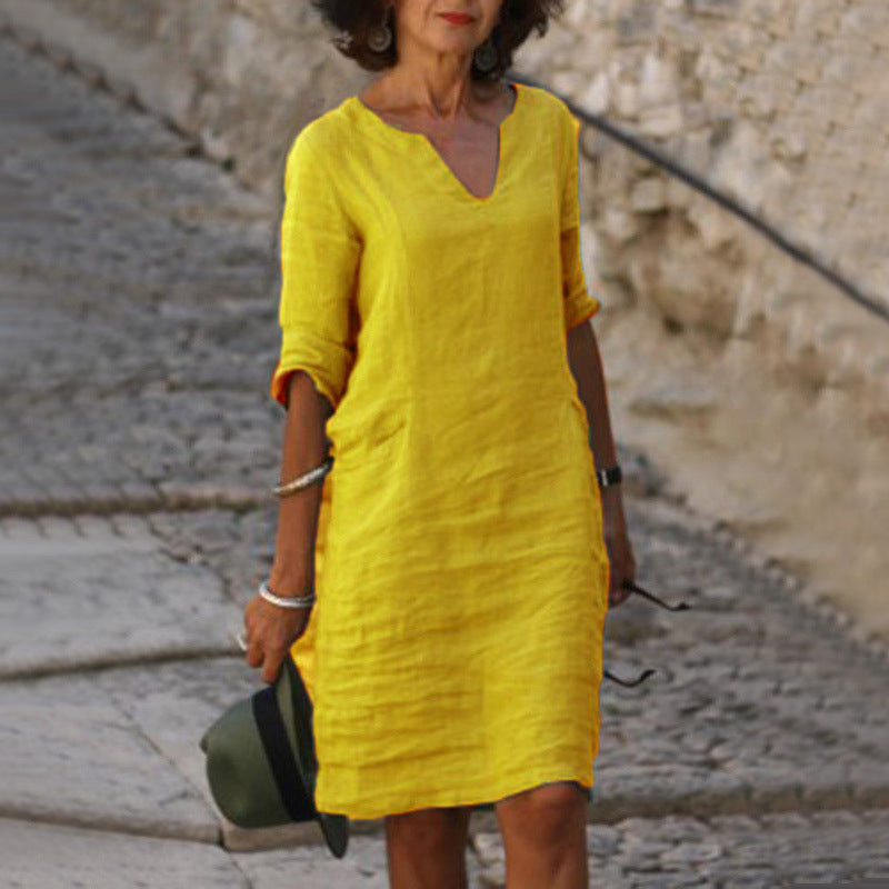 Women's Relaxed Fit Casual V-Neck Linen-Style Midi Dress for Summer