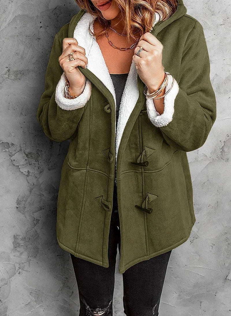 Cappotto da donna con cappuccio in materiale felpato simile al cashmere