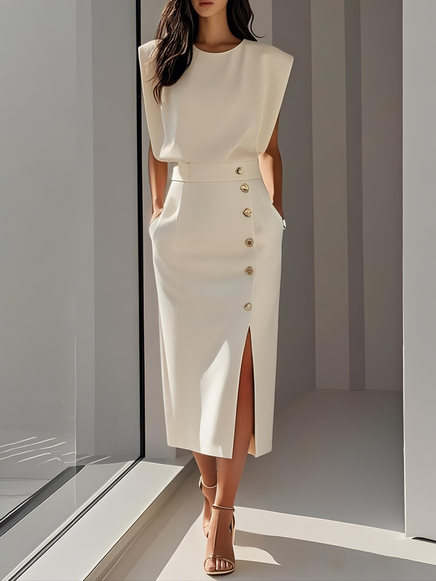 Fenella - Women's Sleeveless Midi Dress with Shoulder Pads - photo 1