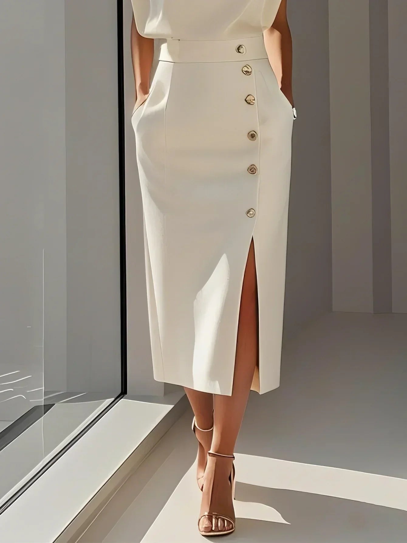 Fenella - Women's Sleeveless Midi Dress with Shoulder Pads - photo 11