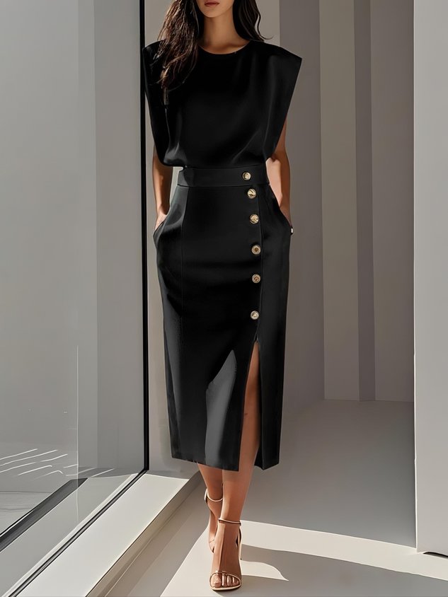 Fenella - Women's Sleeveless Midi Dress with Shoulder Pads - photo 2