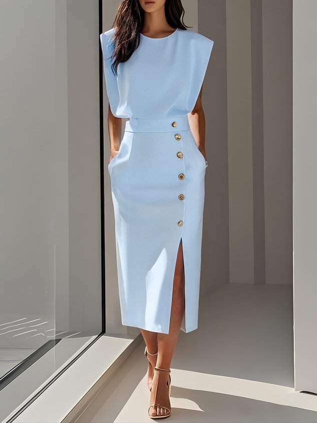 Fenella - Women's Sleeveless Midi Dress with Shoulder Pads - photo 3