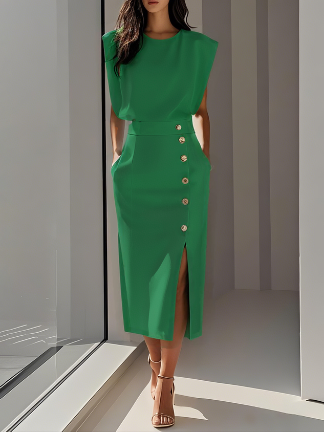 Fenella - Women's Sleeveless Midi Dress with Shoulder Pads - photo 4