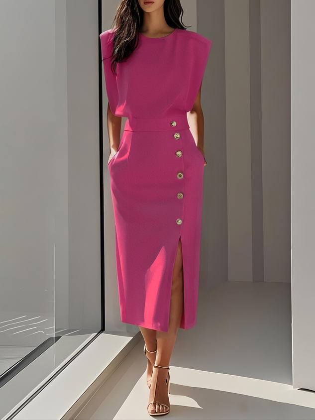 Fenella - Women's Sleeveless Midi Dress with Shoulder Pads - photo 7