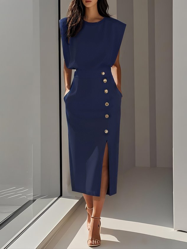 Fenella - Women's Sleeveless Midi Dress with Shoulder Pads - photo 8