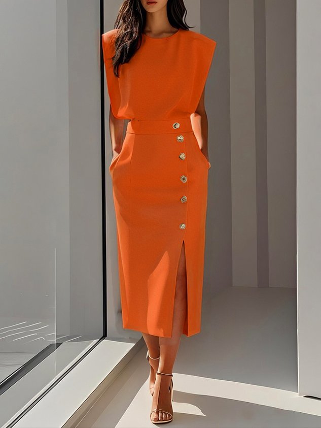 Fenella - Women's Sleeveless Midi Dress with Shoulder Pads - photo 9