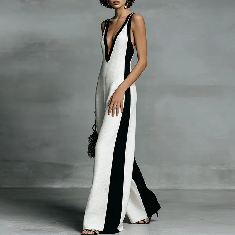 Georgette - Women's Striped Wide Leg Jumpsuit with Deep V Neck - photo 3
