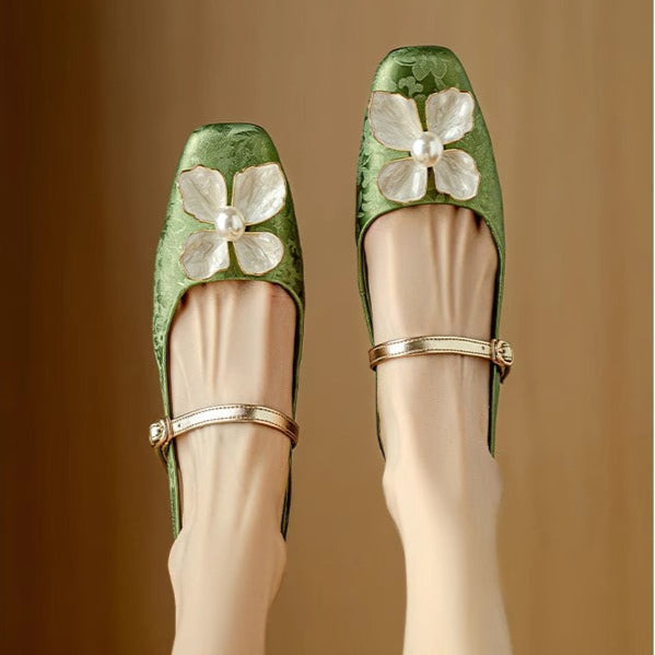 Pantofi florali de damă tip Mary Jane, cu toc gros și bareta la gleznă