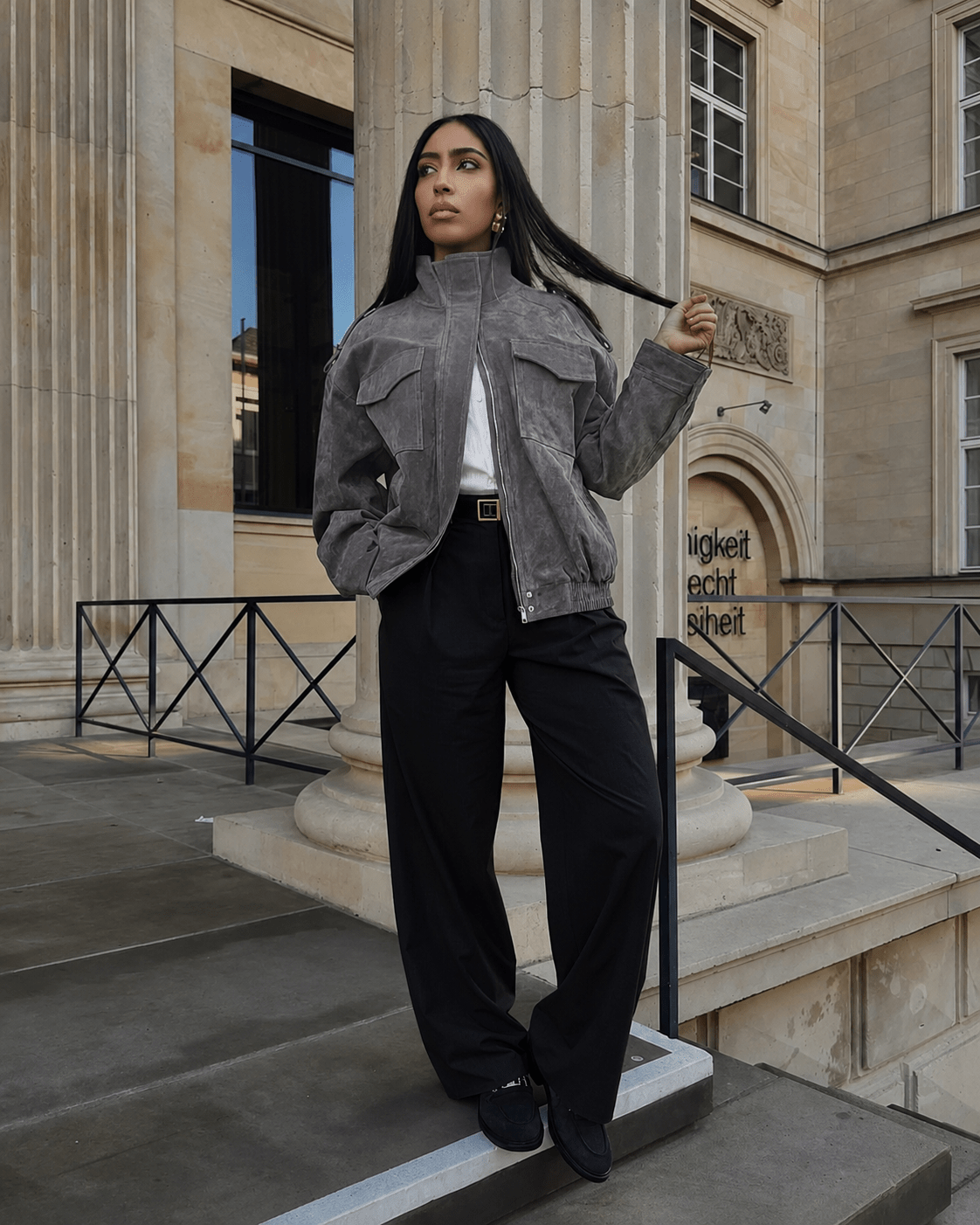 Gillian - Women's Wrap Jacket with Side Pockets and Collar in Gray