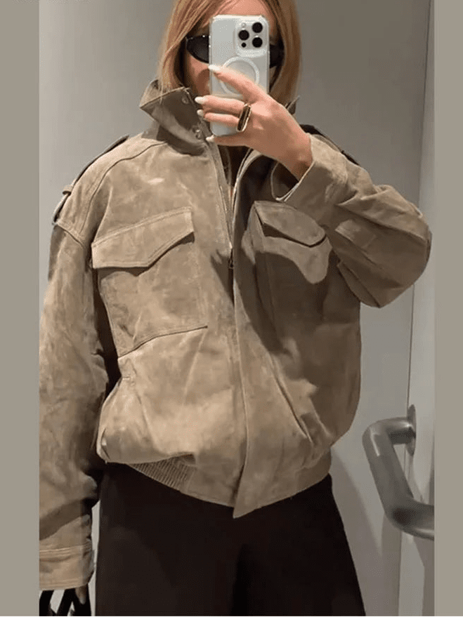 Gillian - Women's Wrap Jacket with Side Pockets and Collar in Light Brown