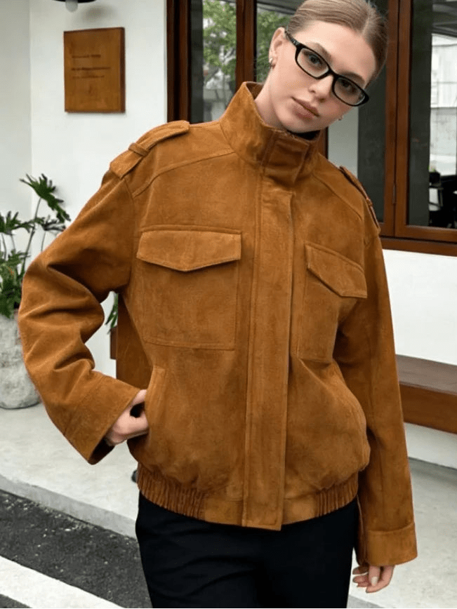 Gillian - Women's Wrap Jacket with Side Pockets and Collar in Camel