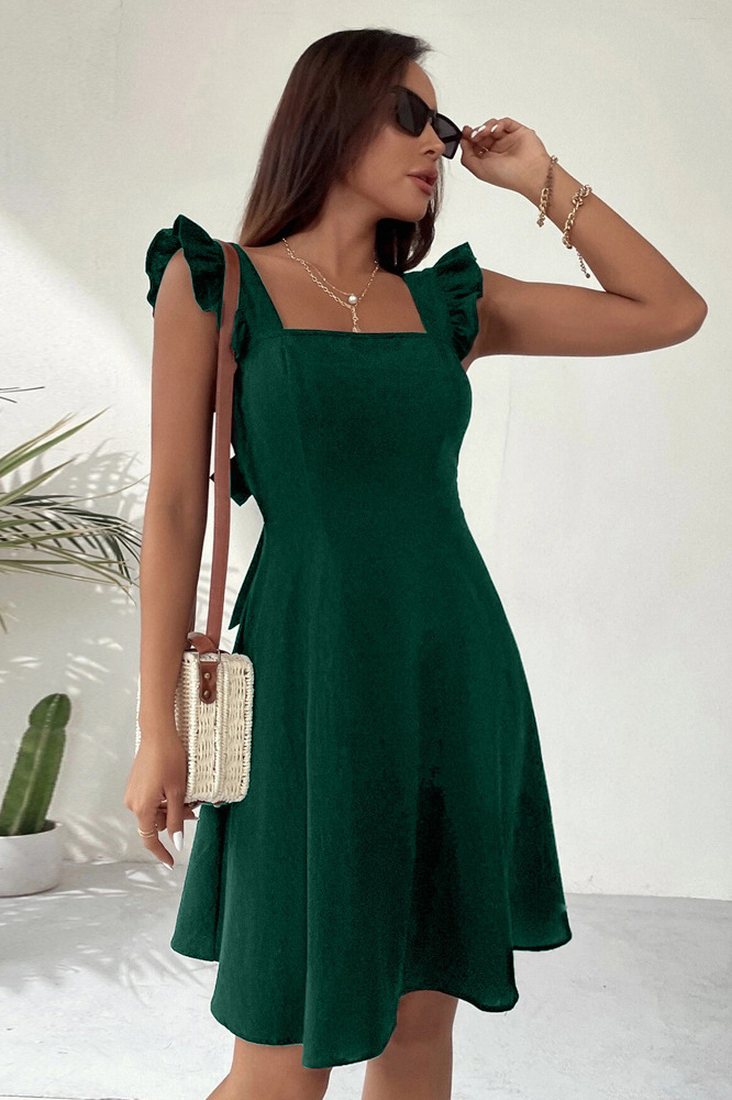June - Women's short flared dress with summery flutter sleeves - Green